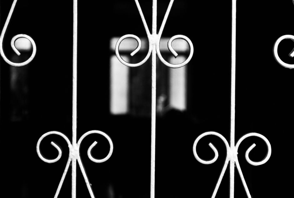Black metal gate closed across a garden entrance