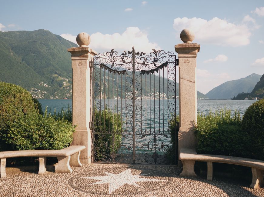 Ornate metal gate with a pattern of curved bars