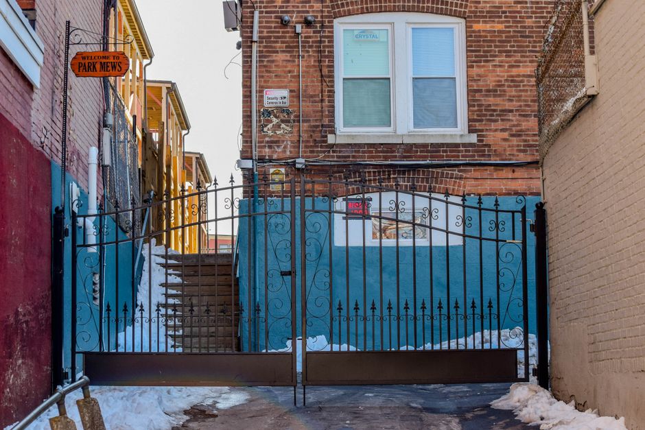 Ornate metal gate with a pattern of curved bars